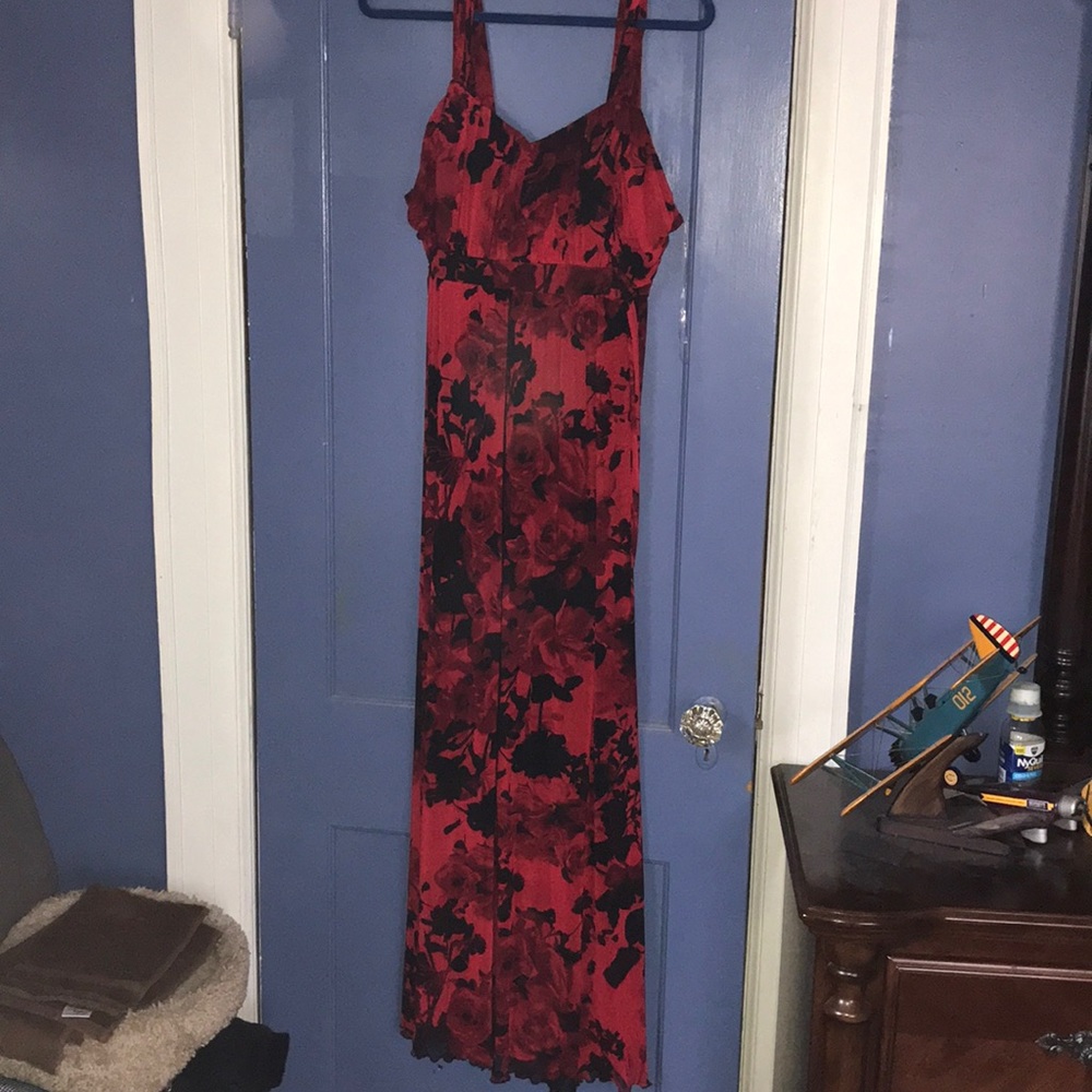 Long red floral dress